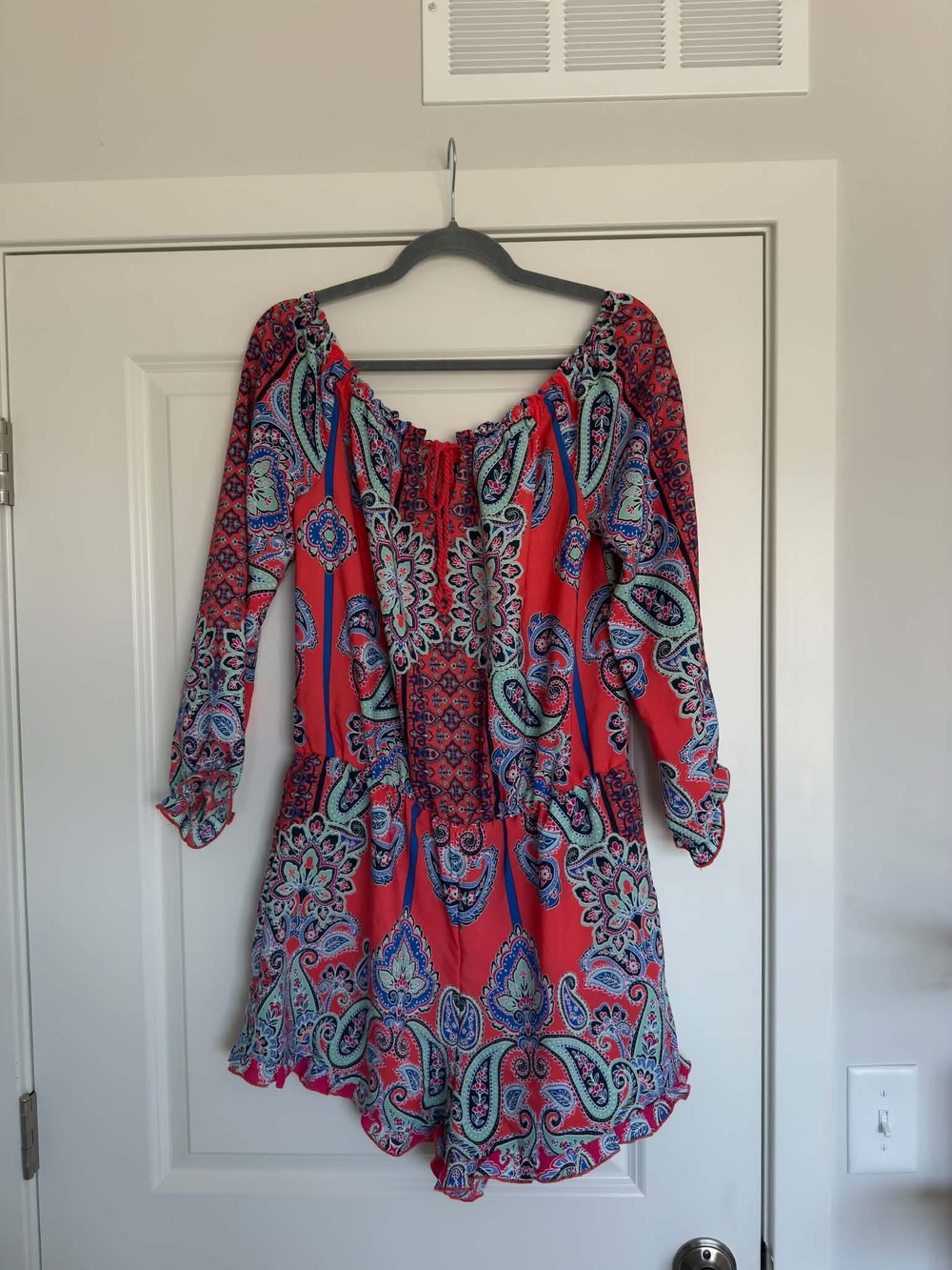 VENUS Red Paisley Long Sleeve Off-Shoulder Dress